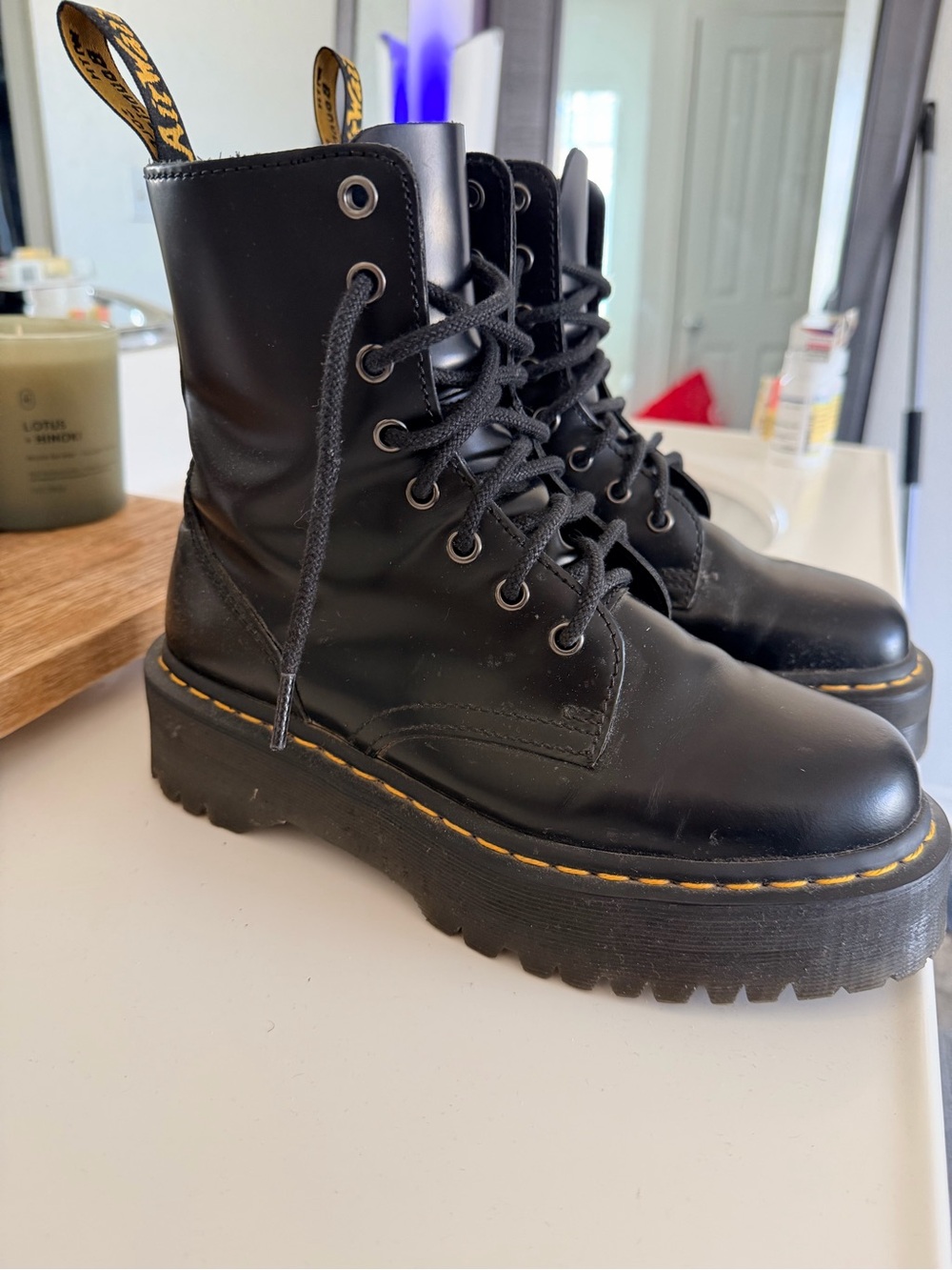 Dr. Martens Jadon Black Lace-Up Platform Combat Boots with Yellow Stitching